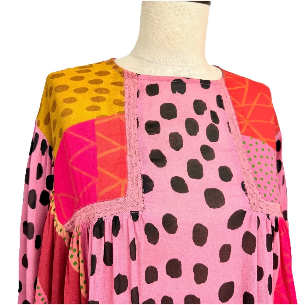 Blank London Anthro Pink Multi Polka Dot Boho ‎ Blouse S Long Sleeve Flowy Art - Picture 2 of 11